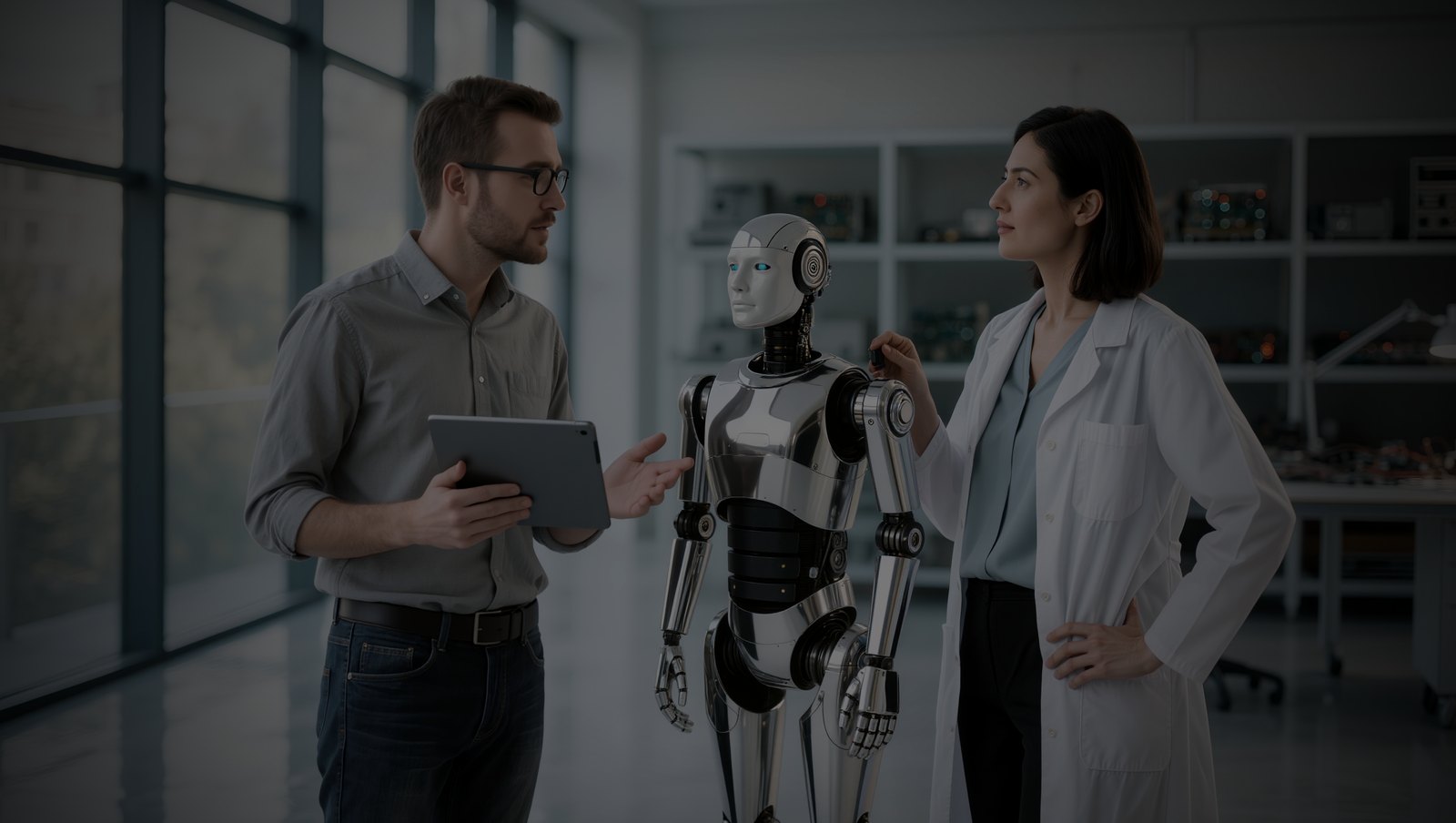 İnsansı robotla çalışan mühendisler